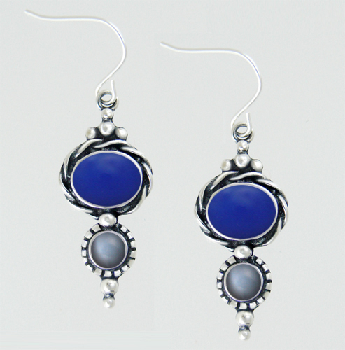 Sterling Silver Drop Dangle Earrings With Blue Onyx And Grey Moonstone